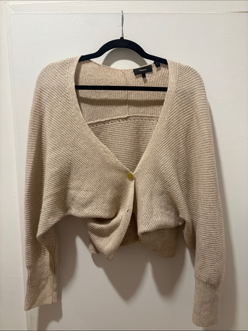 Theory Cream V-Neck Ribbed Button Cardigan Sweater